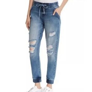 True Religion Blue Ankle Cropped Distressed Jeans with Elastic Cuffs